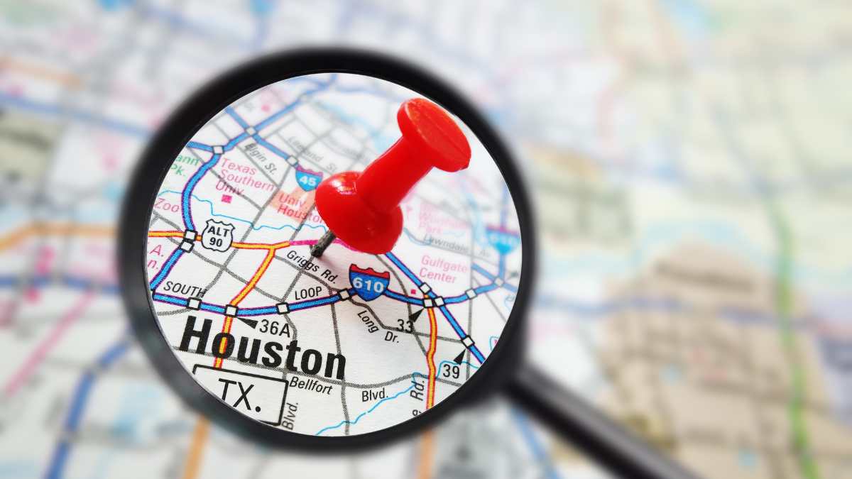 Houston Texas pinned on a map.